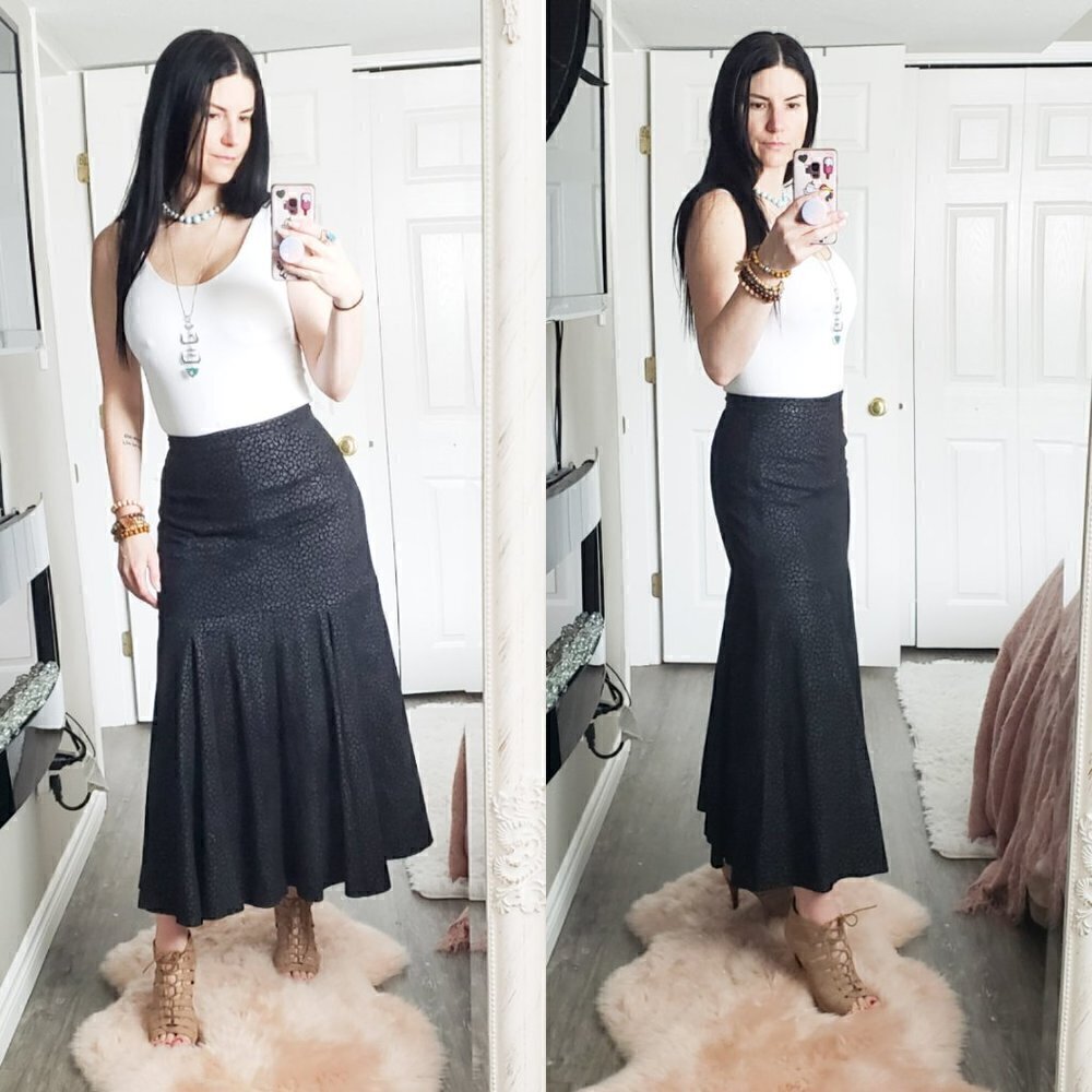 Vintage * Neto Black on Black Print Leather Skirt